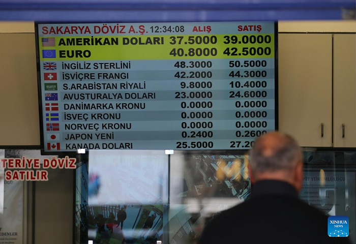 A man changes money at an exchange office in Ankara, Turkey, on March 24, 2025. Turkey's economic outlook faces mounting uncertainty as recent political tensions threaten to derail efforts to curb high inflation, economists warned. (Mustafa Kaya/Handout via Xinhua)