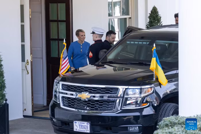 Ukrainian President Volodymyr Zelensky (3rd L) departs from the White House in Washington, D.C., the United States, on Feb. 28, 2025. A press conference at the White House scheduled for Friday where U.S. President Donald Trump and Ukrainian President Volodymyr Zelensky planned to sign the U.S.-Ukraine minerals deal was canceled, following a tense shouting match between the two inside the Oval Office earlier in the day. (Photo: Xinhua)