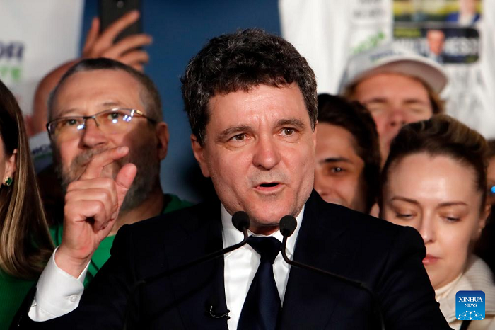 Nicusor Dan, the mayor of Bucharest and an independent candidate, speaks after the first exit poll of Romania's presidential runoff in Bucharest, Romania, May 18, 2025. Nicusor Dan has won Romania's presidential runoff election, defeating his rival George Simion, according to near-complete official results published Sunday night by the country's Permanent Electoral Authority (AEP). (Photo: Xinhua) 