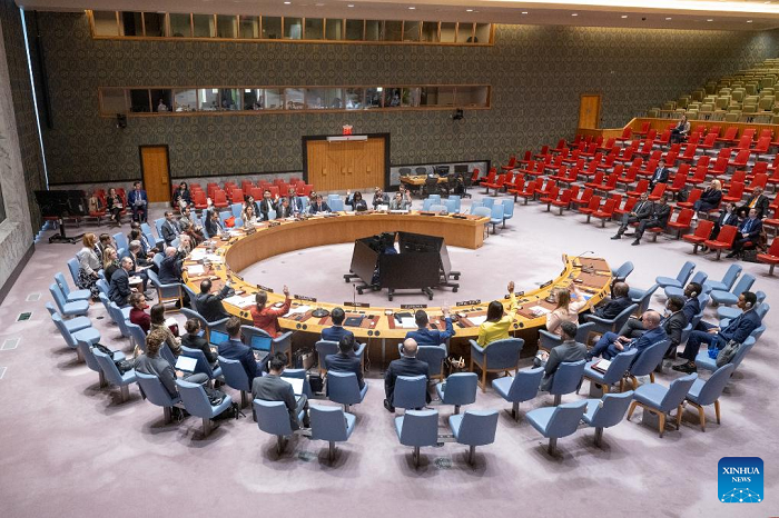 Representatives vote on a draft resolution during a UN Security Council meeting at the UN headquarters in New York, on May 29, 2025. The Security Council on Thursday adopted a resolution to extend the authorization for UN member states to inspect vessels suspected of Libya arms embargo violation. (Eskinder Debebe/UN Photo/Handout via Xinhua)