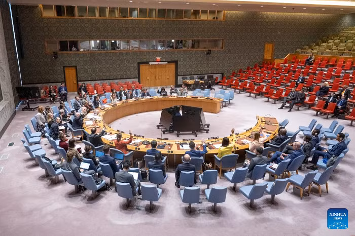 Representatives vote on a draft resolution during a UN Security Council meeting at the UN headquarters in New York, on May 29, 2025. The Security Council on Thursday adopted a resolution to extend the authorization for UN member states to inspect vessels suspected of Libya arms embargo violation. (Eskinder Debebe/UN Photo/Handout via Xinhua)