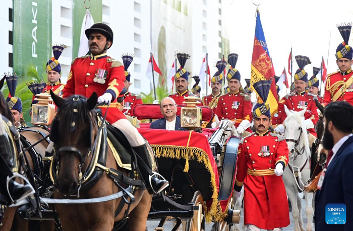 Pakistani President Asif Ali Zardari attends the Republic Day military parade in Islamabad, capital of Pakistan on March 23, 2025. Pakistan on Sunday marked its 85th Republic Day, also known as Pakistan Day or the Pakistan Resolution Day. (PID/Handout via Xinhua)