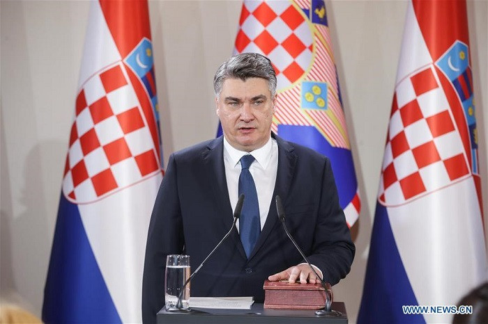 Zoran Milanovic takes the oath during his presidential inauguration ceremony in Zagreb, capital of Croatia, on Feb. 18. 2020. Former Prime Minister Zoran Milanovic was sworn in here on Tuesday as the fifth Croatian president at the President's Office. (Damir Sencar/Hina/Handout via Xinhua)