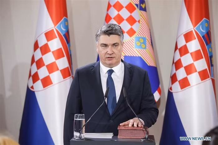 Zoran Milanovic takes the oath during his presidential inauguration ceremony in Zagreb, capital of Croatia, on Feb. 18. 2020. Former Prime Minister Zoran Milanovic was sworn in here on Tuesday as the fifth Croatian president at the President's Office. (Damir Sencar/Hina/Handout via Xinhua)