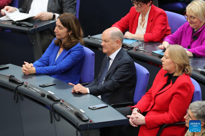 Olaf Scholz (C) attends the first gathering of the 21st Bundestag in Berlin, Germany, on March 25, 2025. German Chancellor Olaf Scholz and his cabinet were officially dismissed by President Frank-Walter Steinmeier on Tuesday afternoon. Scholz will remain as caretaker chancellor until a new government takes office. (Photo: Xinhua)