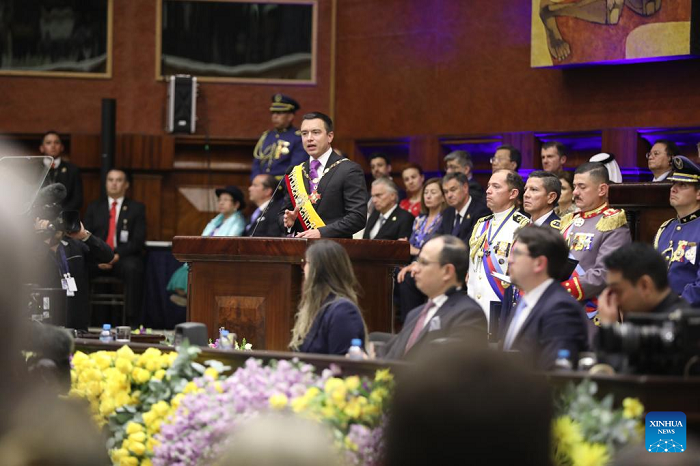 Ecuadorian President Daniel Noboa (at podium) delivers a speech during his inauguration at the National Assembly in Quito, Ecuador, May 24, 2025. Noboa was sworn in Saturday for his first full term during a ceremony at the National Assembly in Quito. The 37-year-old businessman, who won the reelection in April, had just completed an initial 18-month term after winning snap elections in late 2023. His new term will run through 2029. (Ecuador's National Assembly/Handout via Xinhua)