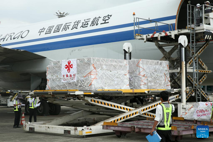 The sixth batch of emergency humanitarian aid dispatched by the Chinese government arrives at Yangon International Airport in Myanmar on April 11, 2025. The aid supplies include 26 tents, 2,000 sets of single-person outdoor cooking equipment, 10,000 solar lamps, 38,880 bars of soap, 38,880 bottles of shower gel, 38,880 bottles of shampoo, 38,880 tubes of toothpaste, 38,880 sets of toothbrushes, and 38,880 bags of laundry detergent, with a total weight of over 91 tons. (Photo: Xinhua)