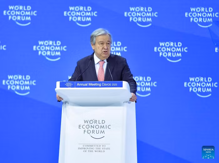 UN Secretary-General Antonio Guterres speaks during the World Economic Forum Annual Meeting in Davos, Switzerland, on Jan. 22, 2025. The United Nations (UN) chief on Wednesday issued a stark warning about the mounting challenges facing humanity, including the climate crisis and geopolitical divisions, and urged the global community to work together to tackle them. (Photo: Xinhua)