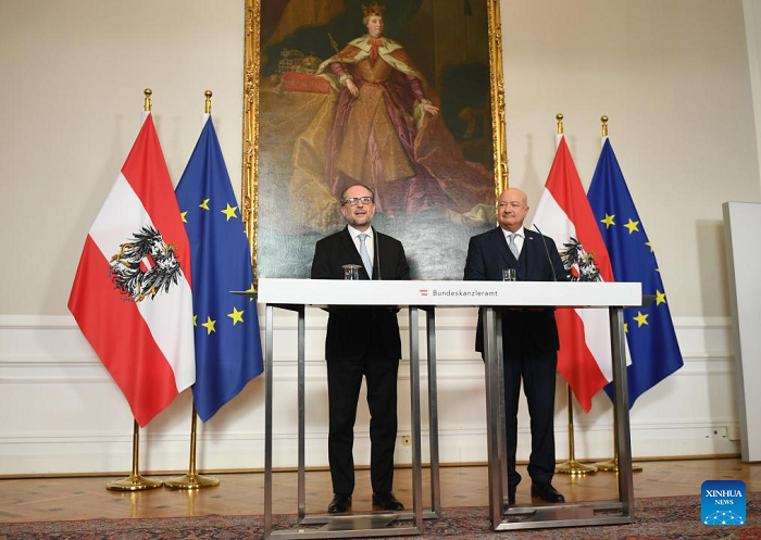 Austrian interim Chancellor Alexander Schallenberg (L) and Leader of the People's Party Christian Stocker attend a press conference on the handover of office after the swearing-in ceremony in Vienna, Austria, March 3, 2025. Austria's new government was sworn in on Monday, ending five months of political deadlock over forming a coalition. (Source: Xinhua)