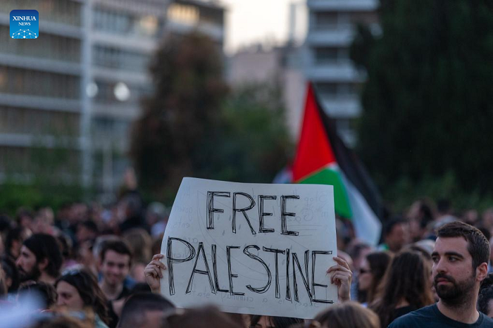 A sign that reads "Free Palestine" is seen at a demonstration for Palestine, in Athens, Greece, on May 21, 2025. Thousands of people took to the streets of Athens, Greece, on Wednesday to protest Israel's latest military offensive in the Gaza Strip and the worsening humanitarian crisis resulting from the ongoing blockade. (Photo: Xinhua) 