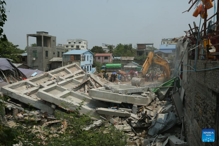 This photo shows rescue operations underway in Mandalay, Myanmar, March 29, 2025. The devastating earthquake in Myanmar has claimed 1,002 lives, left 2,376 injured, and 30 people reported missing, according to the Information Team of the country's State Administration Council (SAC) in a report at around 11:20 a.m. local time Saturday. (Photo: Xinhua)