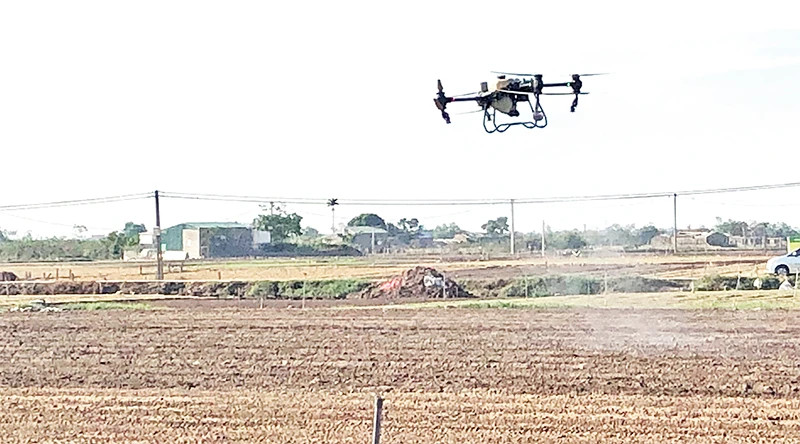 A drone used to spray pesticides in agricultural production in Hai Duong. (Photo: BAO HAN)