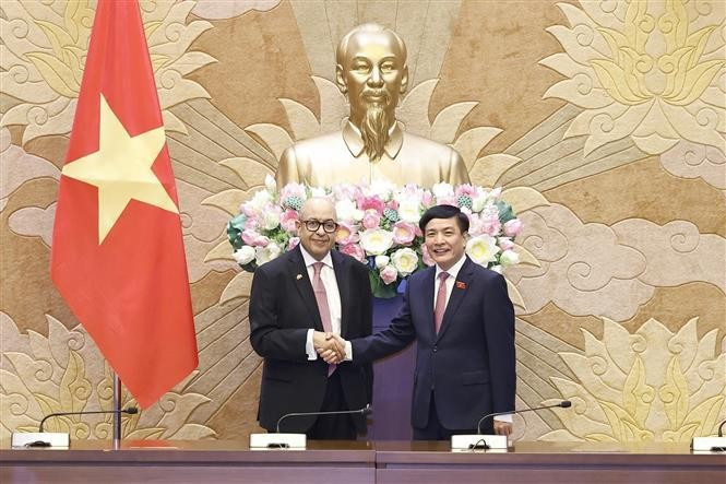 General Secretary of the National Assembly (NA) and Chairman of the NA Office Bui Van Cuong (R) and Secretary General of the House of Representatives of Morocco Najib El Khadi at their talsk in Hanoi on June 21. (Photo: VNA)
