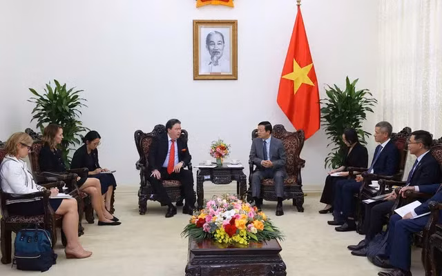 Deputy Prime Minister Tran Hong Ha (R) receives US Ambassador to Vietnam Marc Knapper. (Photo: VGP)