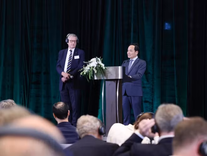 Deputy Prime Minister Tran Luu Quang (standing, right) speaks at the conference of leaders of Nordic businesses that are investing in Vietnam. (Photo: VNA)