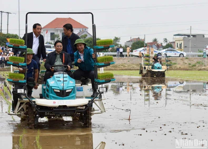 PM Pham Minh Chinh operates a rice planting machine in Hai Duong. (Photo: NDO)