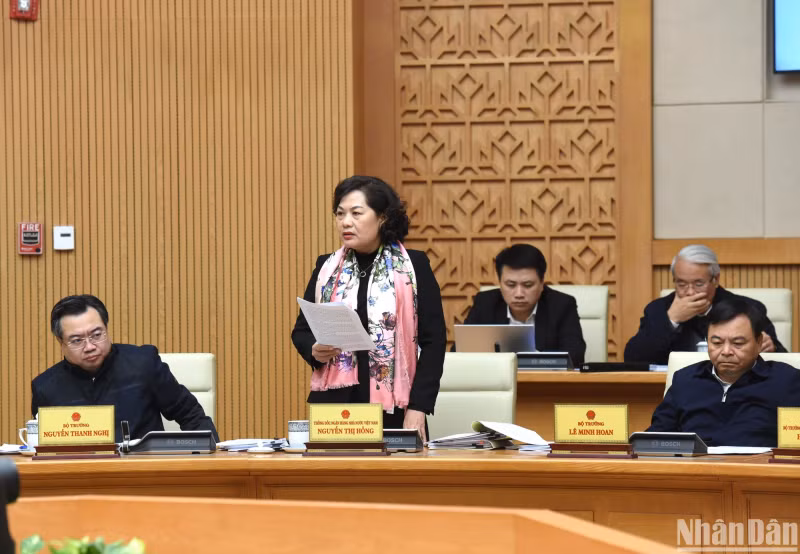 Governor of the State Bank of Vietnam Nguyen Thi Hong gives a speech at the meeting.