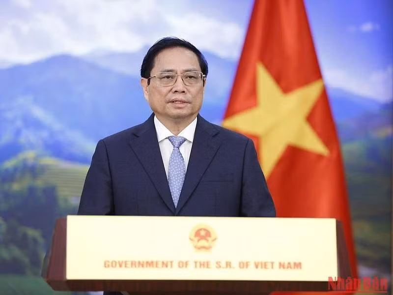 Prime Minister Pham Minh Chinh delivers a pre-recorded speech at the World Bio Summit on October 25. (Photo: NDO/Tran Hai)