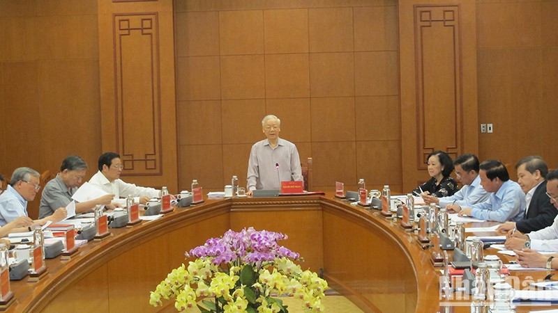 Party General Secretary Nguyen Phu Trong presides over a meeting of The standing board of the Central Steering Committee on Prevention and Control of Corruption and Negative Phenomena in May 2023.