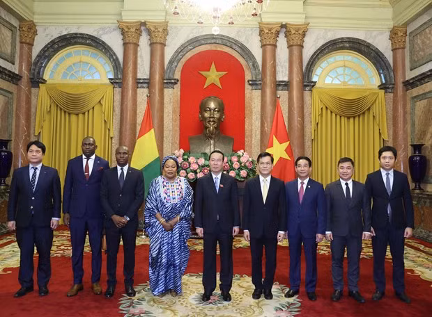 President Vo Van Thuong (fifth, left) and Ambassador of Guinea Aminata Koita (fourth, left) take photo with other delegates. (Photo: VNA)