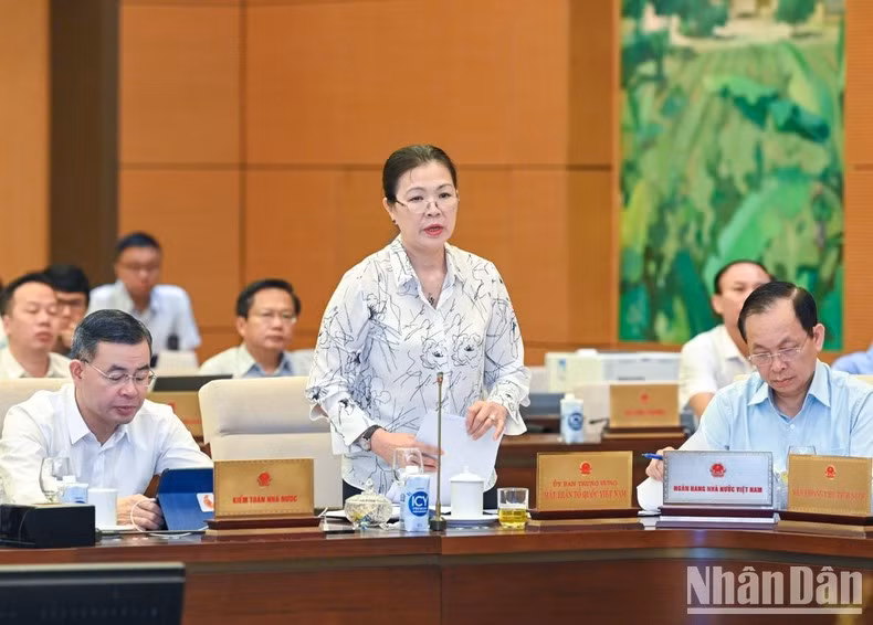 Vice Chairwoman of the Vietnam Fatherland Front Central Committee Truong Thi Ngoc Anh speaks at the session.