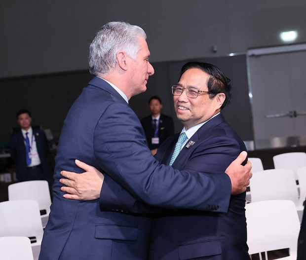 Vietnamese PM Pham Minh Chinh (R) meets with Cuban President Miguel Diaz-Canel in Dubai on December 2. (Photo: VNA)