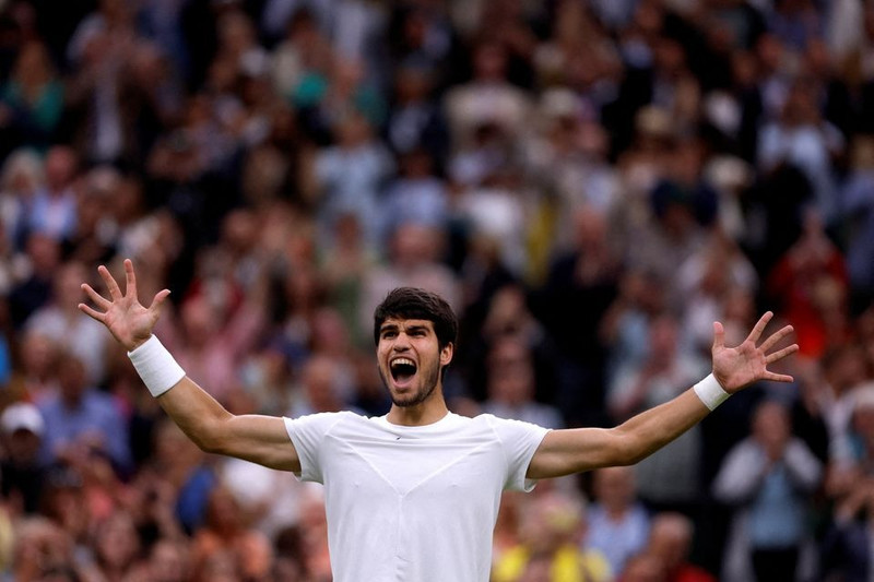 Tennis - Wimbledon - All England Lawn Tennis and Croquet Club, London, Britain - July 14, 2023 Spain's Carlos Alcaraz celebrates winning his semi final match against Russia's Daniil Medvedev. (Photo: Reuters)