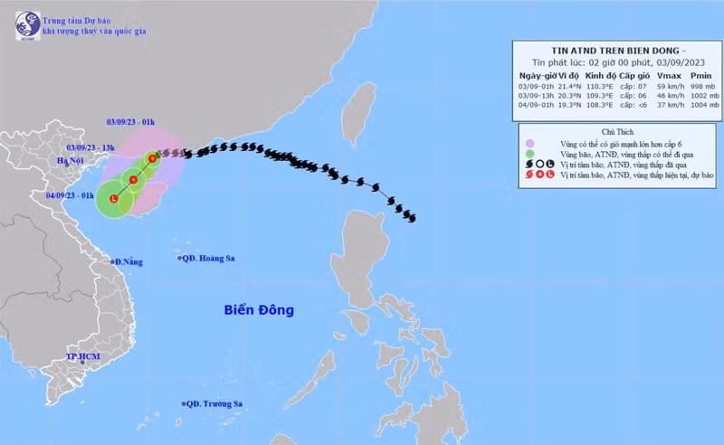 The projected path of the tropical depression (weakened from typhoon Saola). (Photo: nchmf.gov.vn) 
