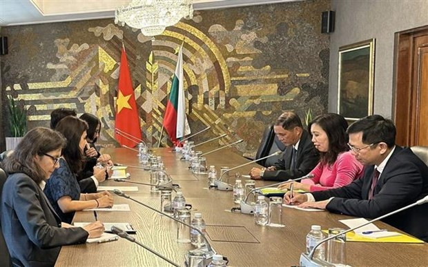At the working session between Vietnamese Deputy Minister of Foreign Affairs Le Thi Thu Hang (centre, right) and her Bulgarian counterpart Tihomir Stoytchev on September 25 in Sofia. (Photo: VNA)