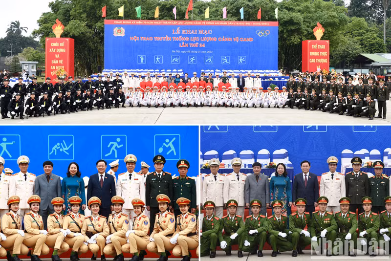 National Assembly Chairman Vuong Dinh Hue; Vice President Vo Thi Anh Xuan; Minister of Public Security General To Lam and delegates took a photo with the forces.