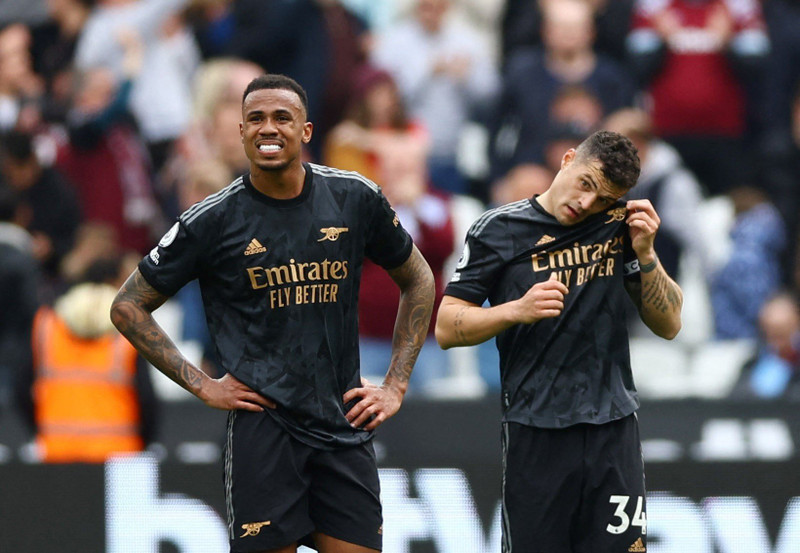 Arsenal's Gabriel and Granit Xhaka look dejected after the match - Premier League - West Ham United v Arsenal - London Stadium, London, the UK - April 16, 2023. (Photo: Action Images via Reuters)