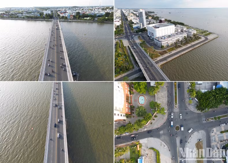 Bridge 'February 3', connecting two old and new encroachments, has a length of 325m, a width of 18m with 4 lanes and a pedestrian corridor. The bridge was designed with nine arched river crossings, signifying the rise of the "nine dragons" land of the Mekong Delta.