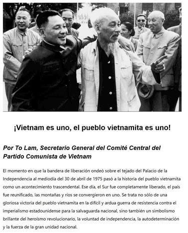 The website of La Primerisima radio station publishes the full text of the article “Vietnam is One, the Vietnamese People are One” by General Secretary of the Communist Party of Vietnam (CPV) Central Committee To Lam (Screenshot photo)