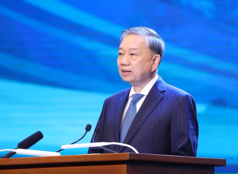 Party General Secretary To Lam speaks at the P4G Summit in Hanoi on April 16. (Photo: VNA)
