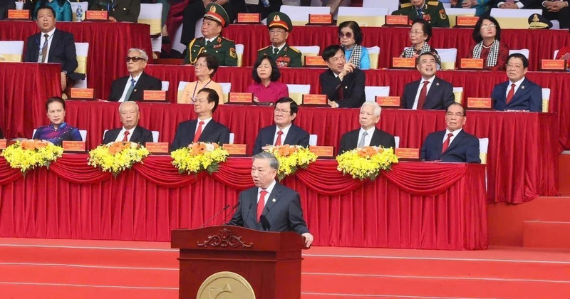 General Secretary of the Central Committee of the Communist Party of Vietnam To Lam delivers the address at the national celebration of the 50th anniversary of the liberation of the South and national reunification in Ho Chi Minh City on April 30. (Photo: VNA)