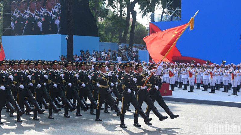 Chinese People's Liberation Army honour guard marching in the parade.
