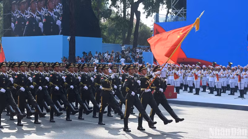 Chinese People's Liberation Army honour guard marching in the parade.