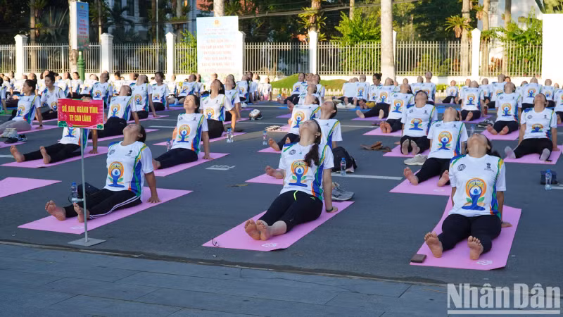 Officials, workers and employees of departments, branches and unions of Cao Lanh Province and City practice Yoga. (Photo: Huu Nghia)