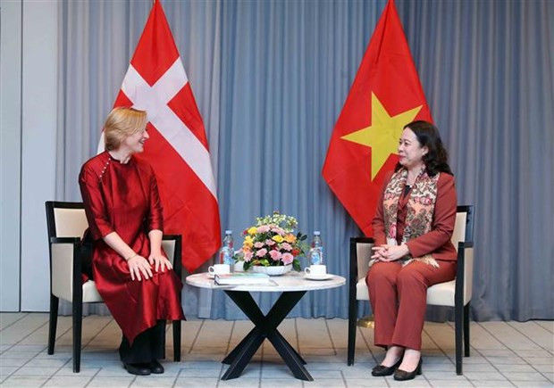 Vice President Vo Thi Anh Xuan (R) and DAVIFO President Trine Glue Doan. (Photo: VNA)