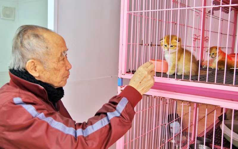 Poet Nguyen Bao Sinh, owner of the Bao Sinh Dog-Cat Resort, poses for a photo with a cat at his resort in Hanoi.