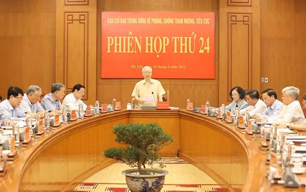 Party General Secretary Nguyen Phu Trong addresses the 24th session of the Central Steering Committee for Corruption and Negative Phenomena Prevention and Control in Hanoi on August 16. (Photo: VNA)