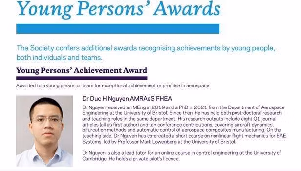 Dr. Nguyen Huyen Duc granted the Young Persons’ Achievement Award 2022 by the UK’s Royal Aeronautical Society. (Source: VietnamPlus)