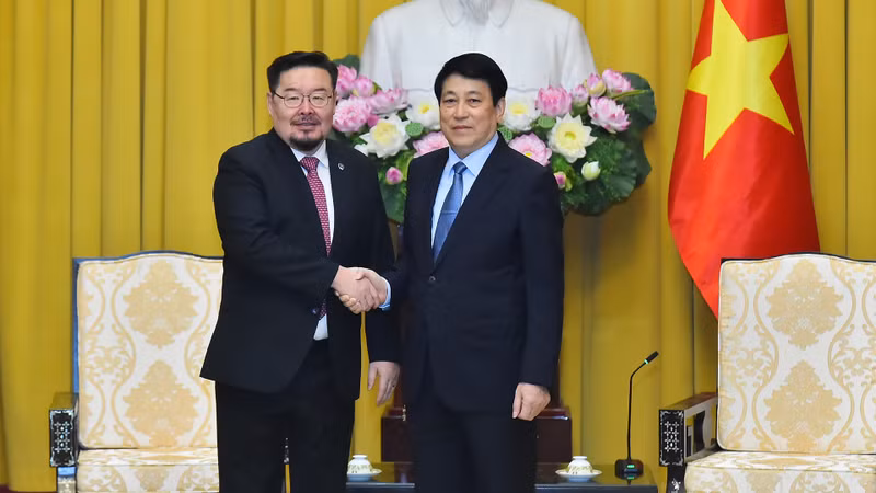 State President Luong Cuong (R) hosts Chairman of the Presidential Office of Mongolia Gombojav Zandanshatar in Hanoi on January 13. (Photo: NDO)