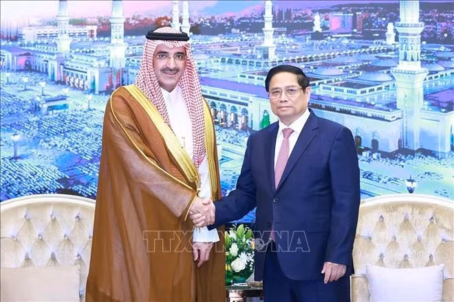 Prime Minister Pham Minh Chinh (right) and Sultan Al-Marshad, CEO of the Saudi Fund for Development, at their meeting on October 30 (Photo: VNA)