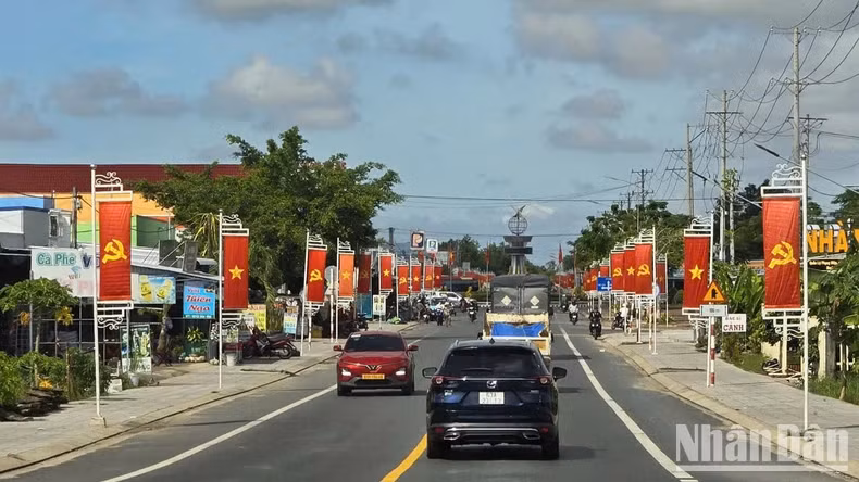 Beautiful flag line on Quang Lo-Phung Hiep Road through Phuoc Long District, Bac Lieu Province.