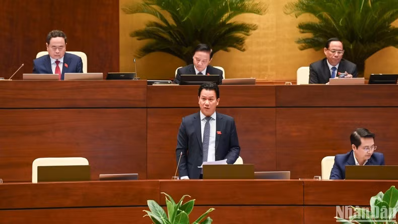 Minister of Natural Resources and Environment Dang Quoc Khanh speaks at the session. (Photo: NDO)