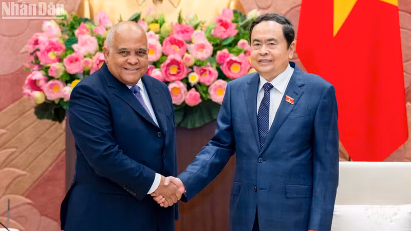 NA Chairman Tran Thanh Man (right) receives outgoing Cuban Ambassador to Vietnam Orlando Nicolas Hernandez Guillen in Hanoi on November 13. (Photo: NDO)