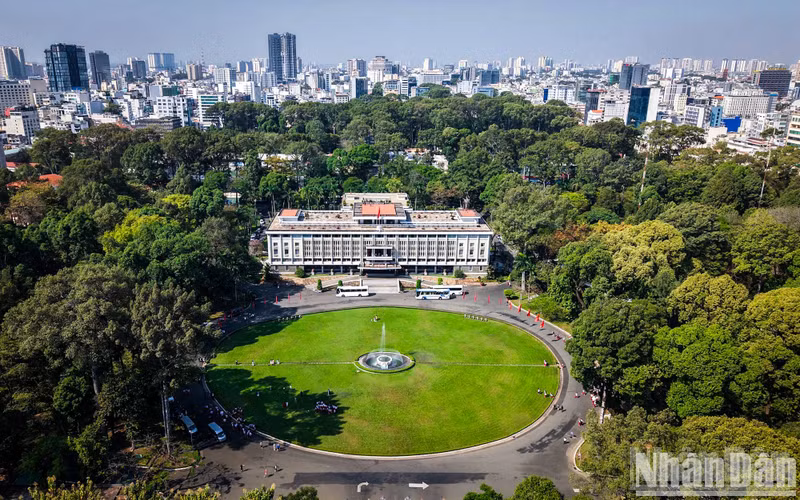 An aerial view of the Independence Palace in April 2025