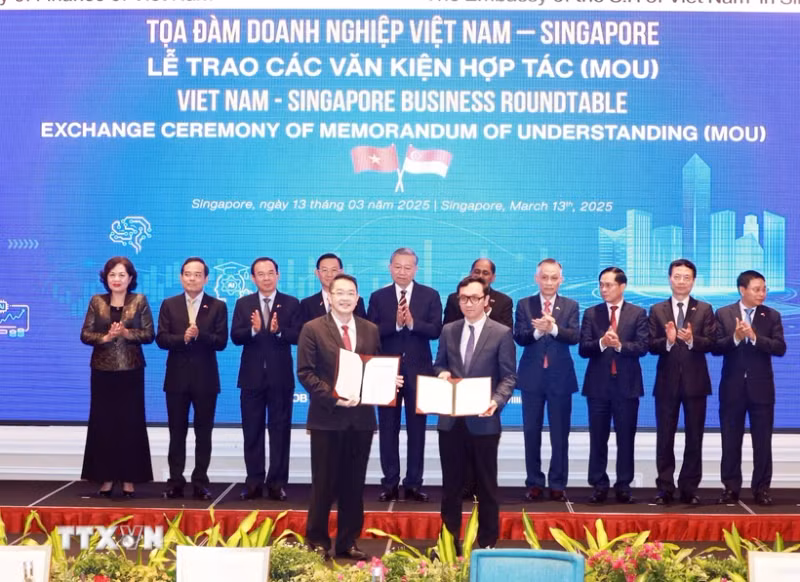 Party General Secretary To Lam (5th from left, second row) witnesses the exchange of MoUs between Vietnam and Singapore at the roundtable discussion on March 13. (Photo: VNA)