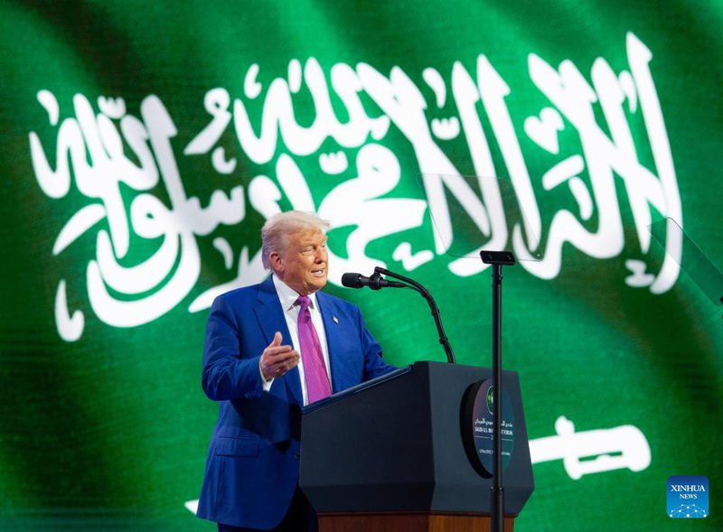 US President Donald Trump speaks at an investment forum in Riyadh, Saudi Arabia, on May 13, 2025. (Saudi Press Agency/Handout via Xinhua)